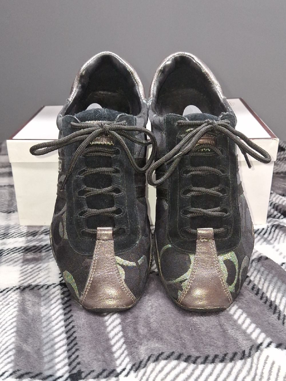 Vintage Coach Black Suede Sneakers with Metallic Bronze And Silver Accents